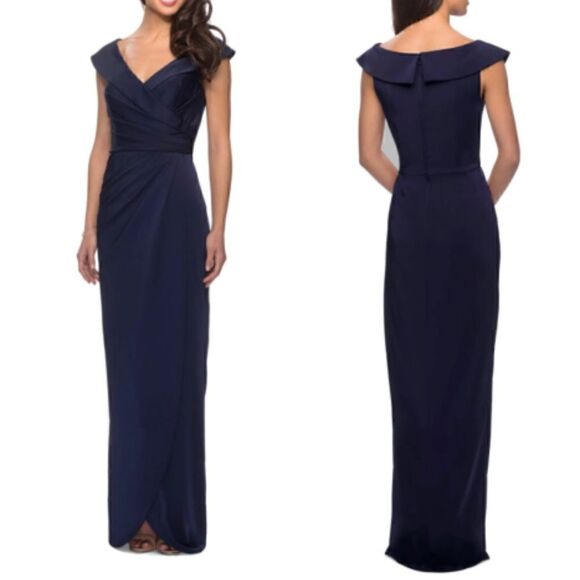 LA FEMME Mother of the Bride Surplice Off the Shoulder Gown- Navy - Picture 3 of 4